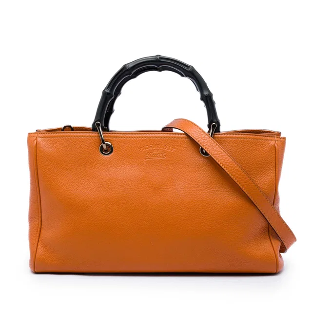 Orange Gucci Medium Calfskin Bamboo Shopper Satchel in Orange Calfskin from Designer Revival