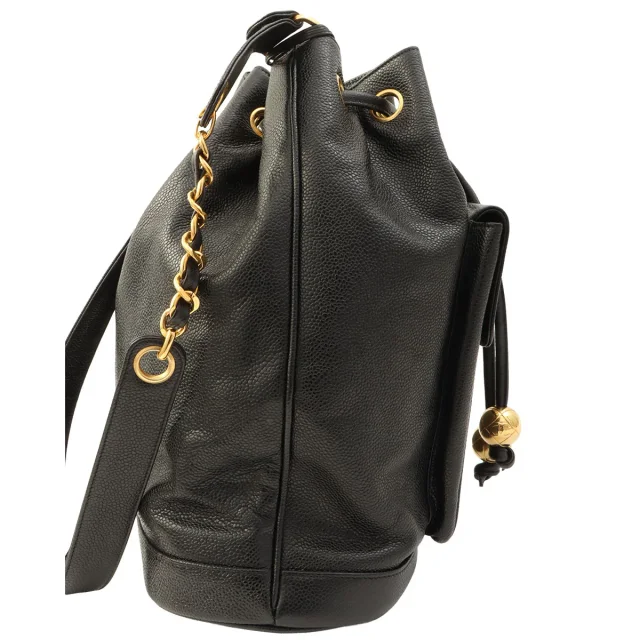 Chanel Circa 1995 Caviar Skin 6CC Turnlock Plate Pouch Drawstring Shoulder Bag Black in Black Caviar leather from VINTAGE QOO TOKYO, photo 3 of 14