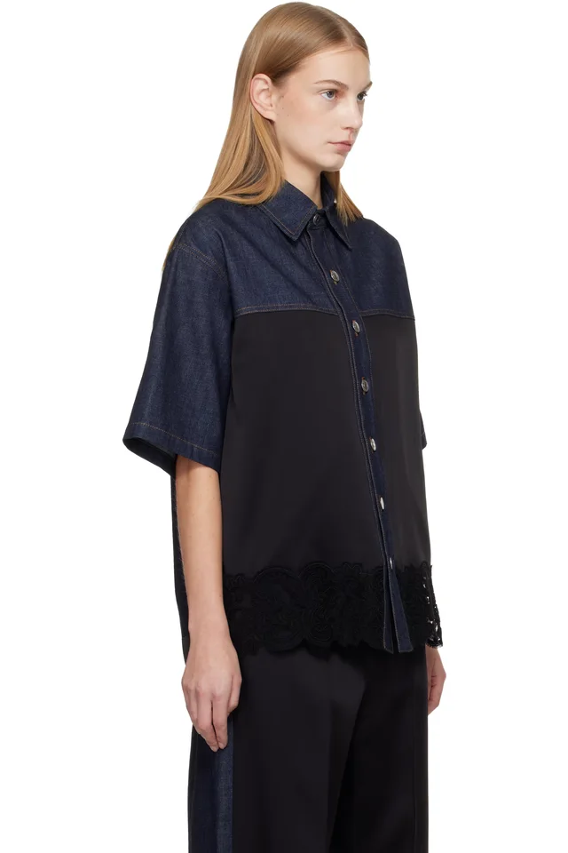 Stella McCartney Navy & Black Satin Panel Short-Sleeve Denim Shirt, photo 2 of 4 from SSENSE