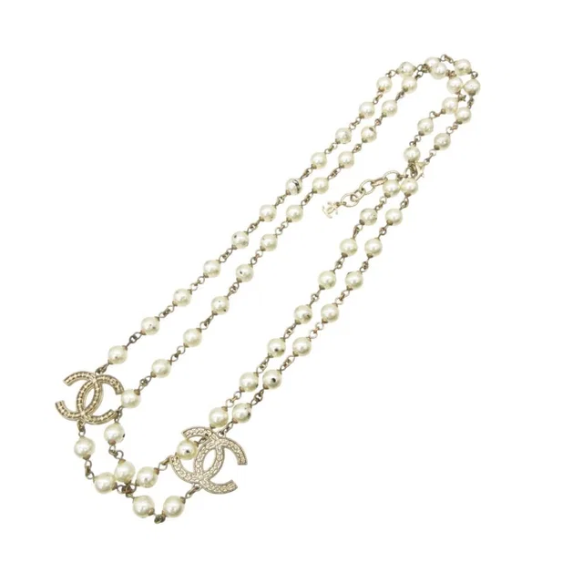 Chanel Necklace Long CC Logo CC Faux Pearl White in White from The Reluxe