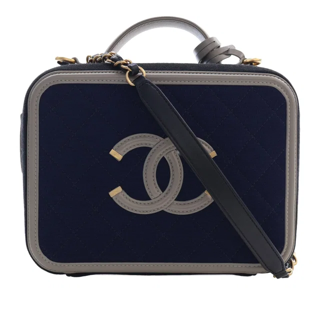 Blue Chanel Medium Tricolor Jersey CC Filigree Vanity Case Satchel in Blue Woven leather from Designer Revival
