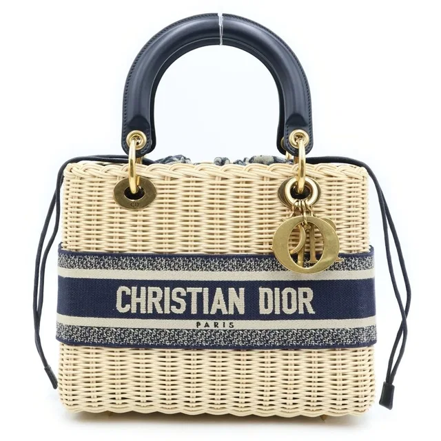 Dior Oblique Lady Medium 2-Way Shoulder Bag Basket Beige Navy Gold in Beige from The Reluxe