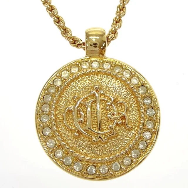 Dior Rhinestone Emblem Round Necklace Gold in Gold from The Reluxe