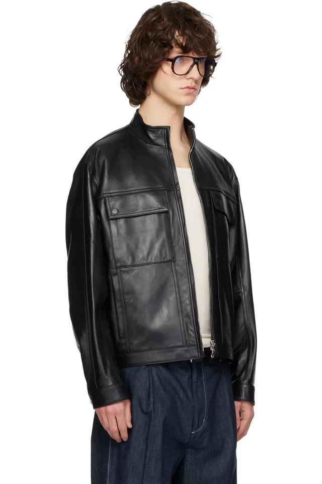 Solid Homme Black High-Neck Two-Pocket Leather Jacket, photo 2 of 4 from SSENSE