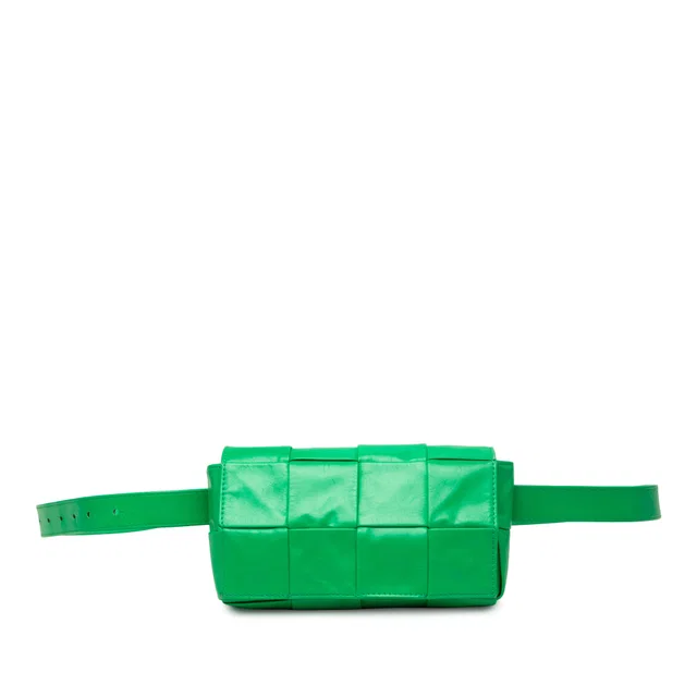 Green Bottega Veneta Mini Paper Calfskin Intrecciato Cassette Belt Bag in Green Calfskin from Designer Revival