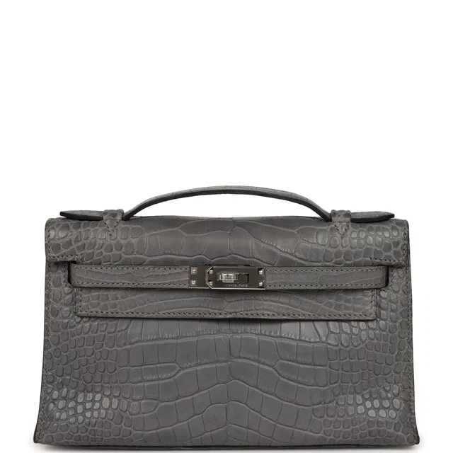 Hermès Kelly Pochette Gris Paris Matte Alligator Palladium Hardware in Grey Crocodile from Madison Avenue Couture