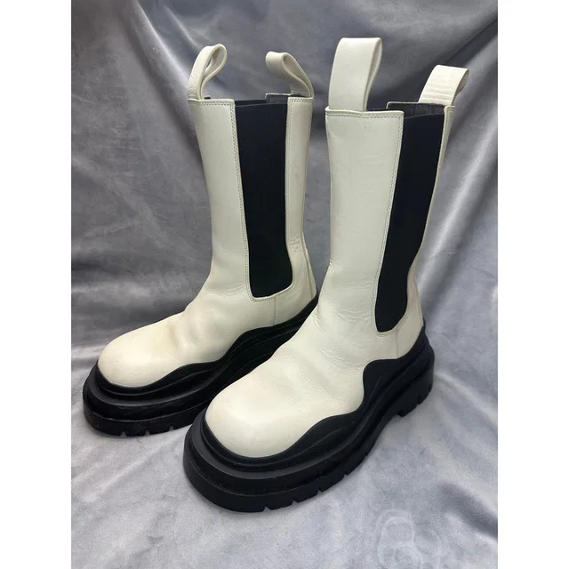 Bottega Veneta Tire Lug Chelsea Boot In Sea Salt Black Italy Size Eu 34 in black|white Calfskin from Poshmark