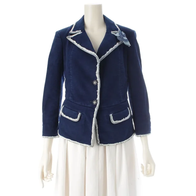 Chanel 07A Denim Brooch Velvet Trim Contrast Tailored Jacket Navy 36 in Navy Denim from The Reluxe