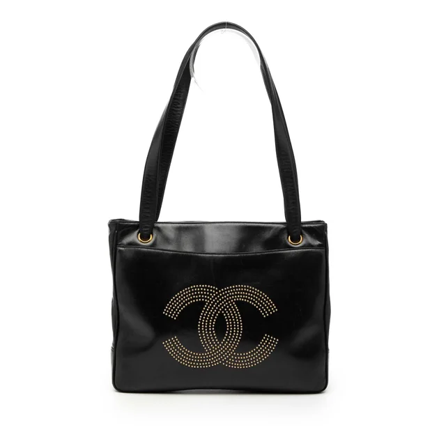 Black Chanel Lambskin CC Studded Logo Tote Shoulder Bag in Black Lambskin from Designer Revival