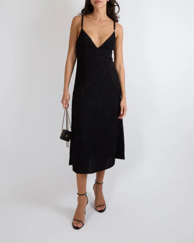 Chanel Black Shimmery Sleeveless Midi Dress with Front Pockets and Crystal CC Logo Button Detail Size… in Black Silk from Sellier