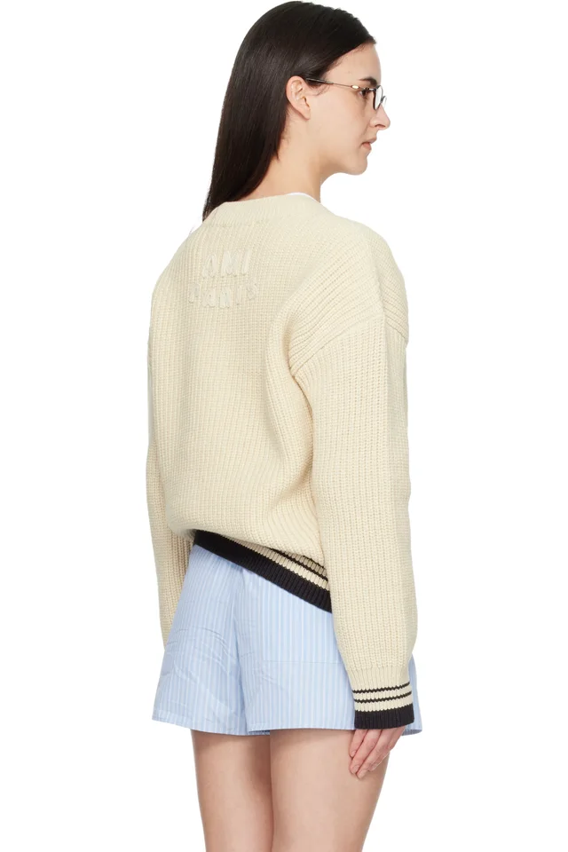 AMI Paris White Ribbed Wool V Neck Ami de Coeur Sweater, photo 3 of 4 from SSENSE