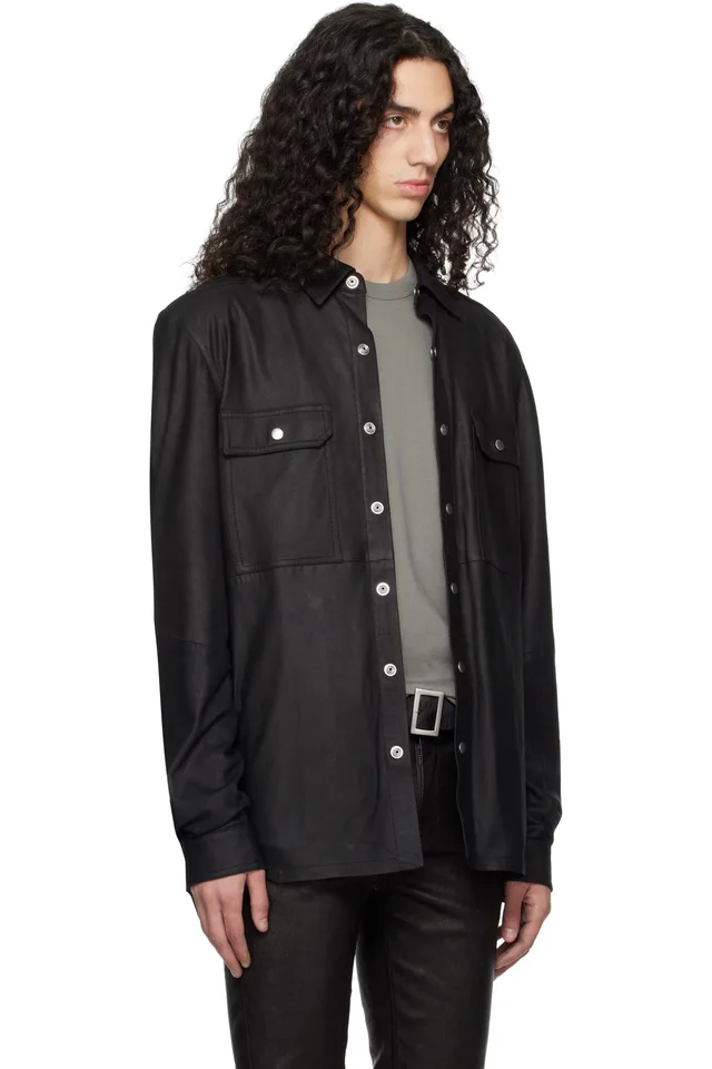 Rick Owens Black Temple Feather Nappa Leather Outer Shirt, photo 2 of 4 from SSENSE
