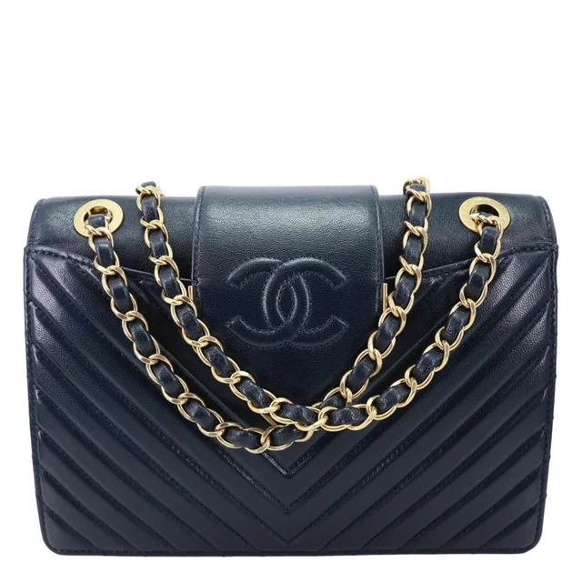 Chanel Collar and Tie Flap Mini Chevron Sheepskin Leather Crossbody Bag Navy Blue in Navy Leather from Dallas Designer Handbags