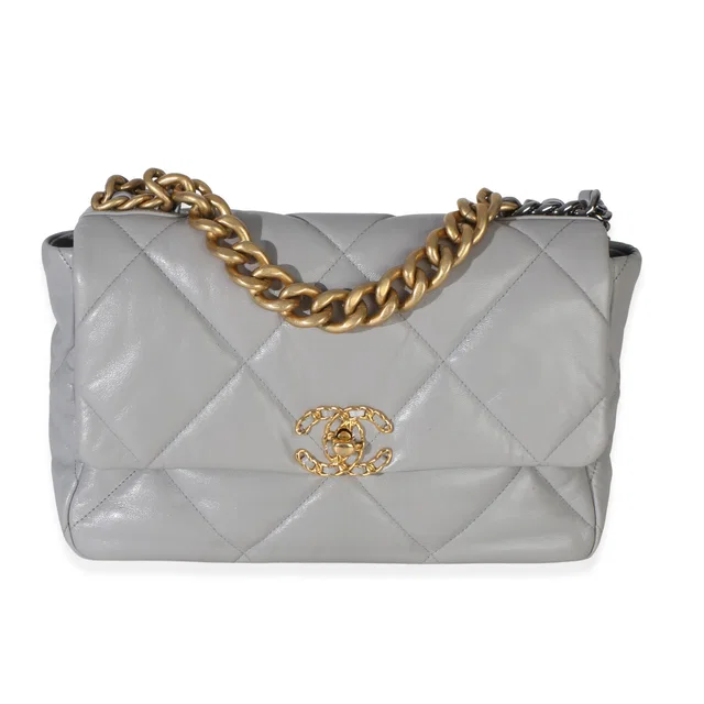 Grey Quilted Lambskin Large Chanel 19 Flap Bag in Grey Lambskin from myGemma