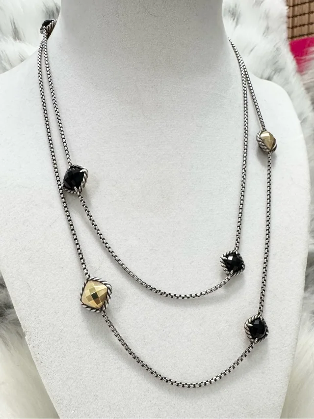 David Yurman 925 18k Gold Long Necklace W/Black Onyx & 18k Gold Stations 36” in black|gold from Poshmark
