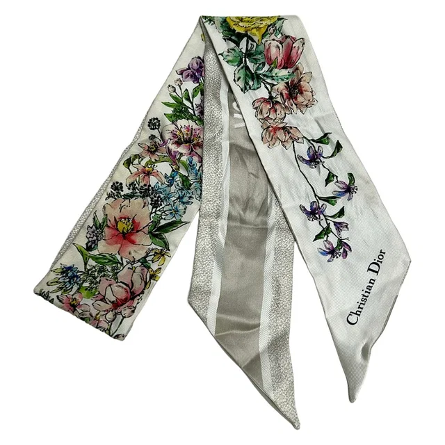 Dior Scarf Ivory Light Pink Multi Ribbon Floral Pattern in White from The Reluxe