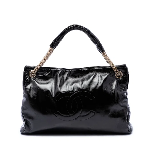 Black Chanel Crinkled Patent Rodeo Drive Tote in Black Patent leather from Designer Revival