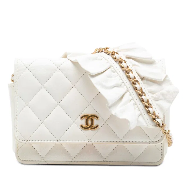 White Chanel Quilted Lambskin Romance Wallet On Chain Crossbody Bag in White Lambskin from Designer Revival