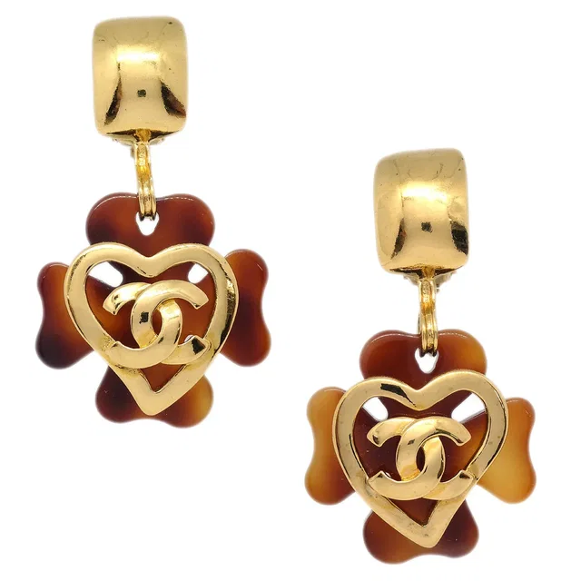 Chanel 1995 Faux Tortoiseshell Heart CC Dangle Earrings in Resin from AMORE Vintage Tokyo