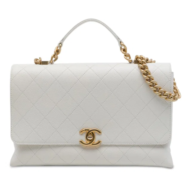White Chanel Medium Stitched Caviar Chic Affinity Top Handle Bag Satchel in White Caviar leather from Designer Revival