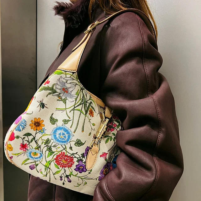 Gucci New Jackie Flower Pattern One Shoulder Bag Beige/Multi in Beige Canvas from VINTAGE QOO TOKYO