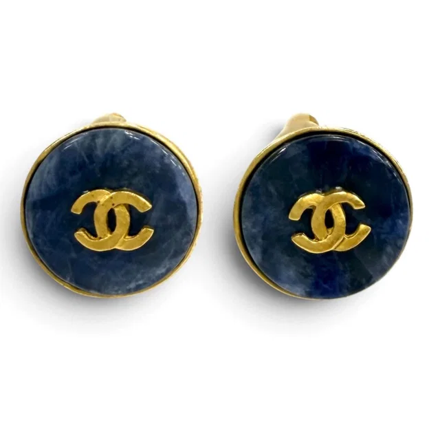 Chanel Vintage 95A CC Logo Blue Marble Earrings Gold in Blue from The Reluxe
