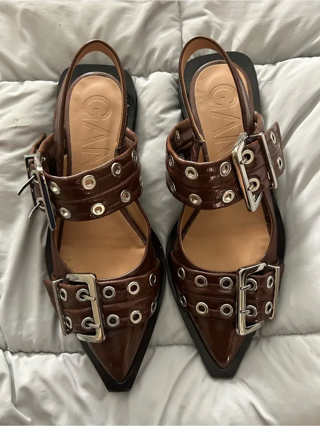 GANNI Brown Leather Grommet-Trim Pointed Slingback Mules in brown|red Leather from Poshmark
