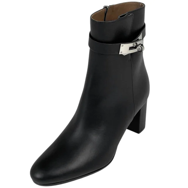 Hermès Saint Germain Kelly Belt Leather Boots Shoes High Heels Zip Up Black in Black Leather from The Reluxe