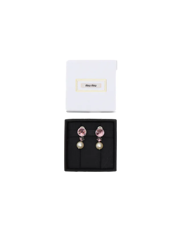 Miu Miu Rhinestone and Dangling Pearl Clip-on Earrings from A Retro Tale, photo 2 of 4