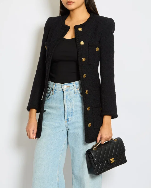 Saint Laurent Black Tweed Long-Sleeve Jacket with Gold Button Detail Size FR 34 (UK 6) in Black Tweed from Sellier