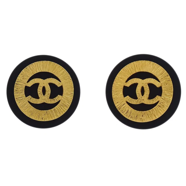 Chanel Button Earrings Clip-On Gold Black in Black from AMORE Vintage Tokyo