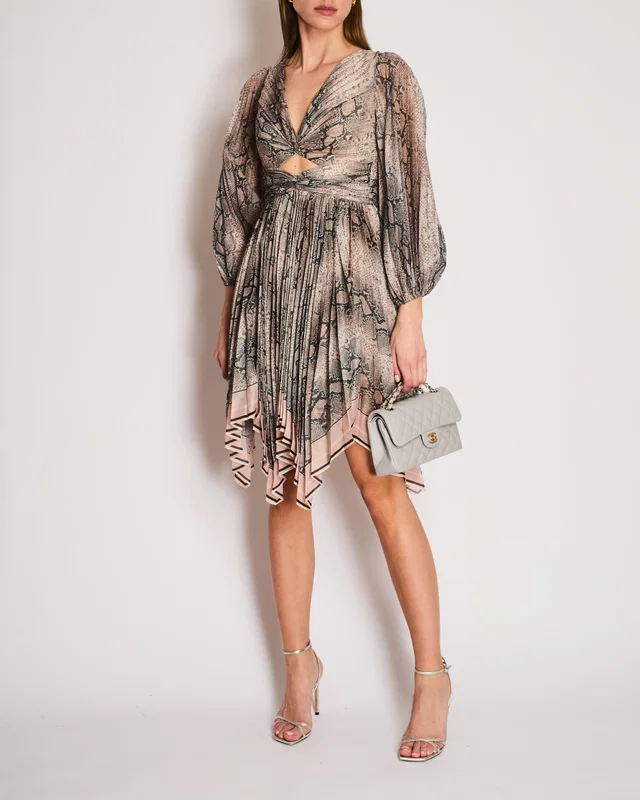 Zimmermann Grey and Pink Snake Print Pleated Midi Dress with Cutouts Size 0 (UK 8) in Pink Silk from Sellier