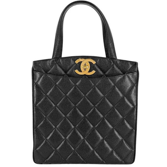 Chanel Handbag Quilted CC Logo Tote Shoulder Black Gold in Black from The Reluxe