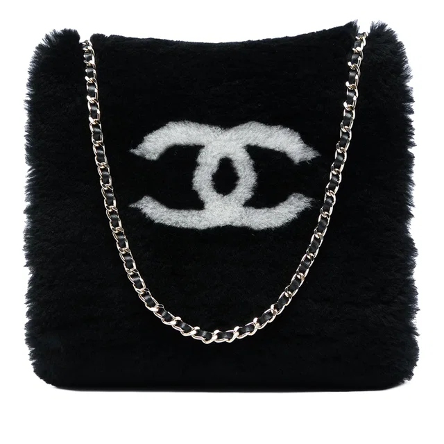 Black Chanel CC Shearling Muff Shoulder Bag in Black Woven leather from Designer Revival