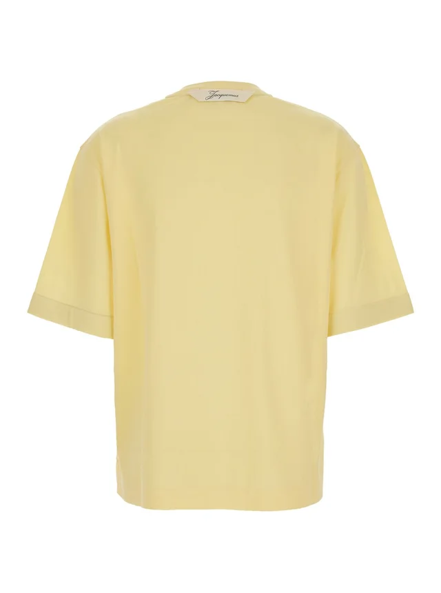 JACQUEMUS 'LE TSHIRT VENTADOU' yellow T-shirt crew neck with gros grain logo on the back in tech fabric for women in Yellow 57% Paper 43% Polyester, photo 4 of 6 from Gaudenzi Boutique