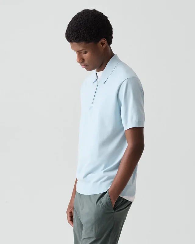 Theory Quarter-Zip Polo Shirt in Light Bilen in LIGHT OCEAN AIR 62% Viscose, 38% Polyester; Exclusive Of Elastic, photo 2 of 12 from Theory