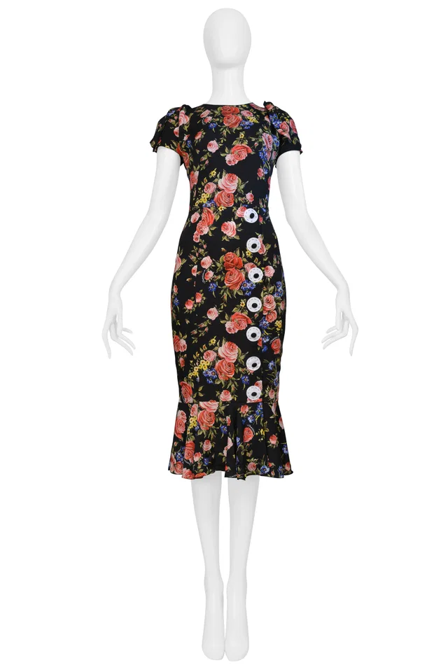 Dolce & Gabbana Black Floral Silk Dress With Button Appliques 2017 in Black Silk from Resurrection Vintage