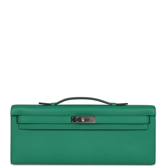 Hermès Kelly Cut Vert Vertigo Swift Palladium Hardware in Green Swift leather from Madison Avenue Couture