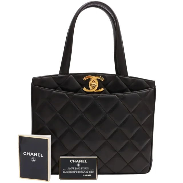 Chanel Matelassé Stitch CC Turnlock Tote Bag, Black, Made around 1995 in Black Lambskin from VINTAGE QOO TOKYO, photo 10 of 10