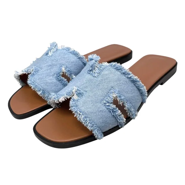 Hermès Sandals Oran 36.5 Denim Fringe Maxi Leather Blue Cler in Blue Denim from The Reluxe