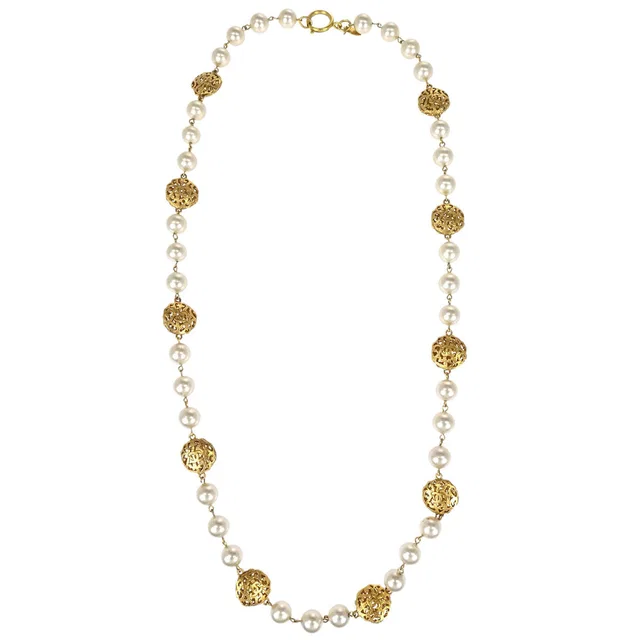 Chanel Chain Necklace Gold Costume Pearl 25 in Gold from AMORE Vintage Tokyo