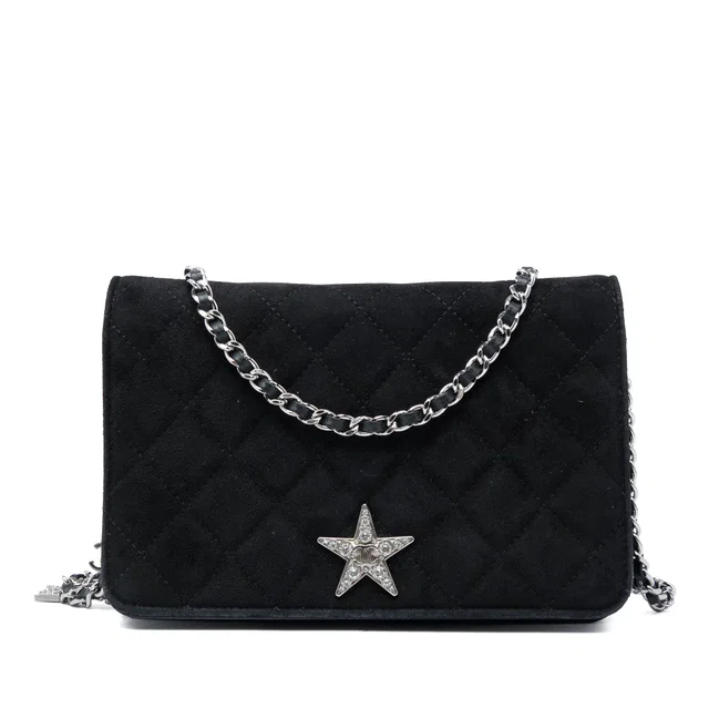 Black Chanel Quilted Suede Cocostellar Wallet on Chain Crossbody Bag in Black Suede from Designer Revival