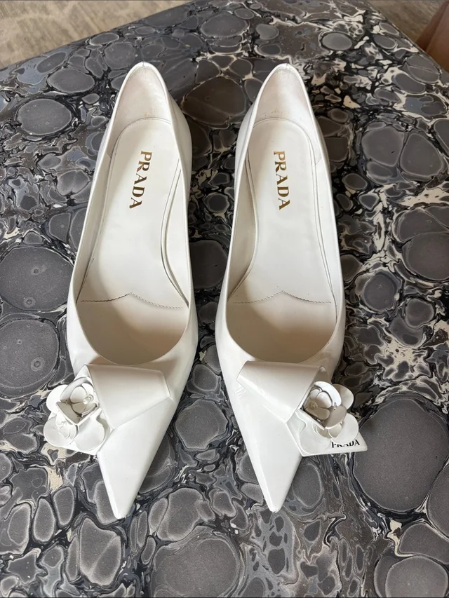 Prada Patent Pointed-Toe Floral Accent Flats in white Patent leather from Poshmark