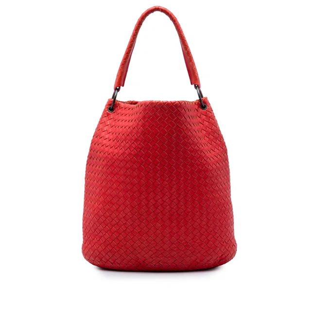 Red Bottega Veneta Nappa Intrecciato Bucket Bag in Red Nappa leather from Designer Revival