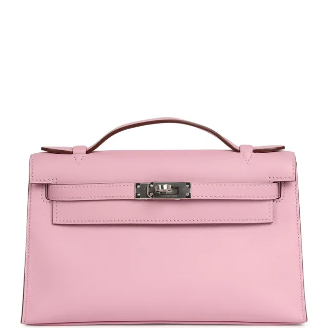 Hermès Kelly Pochette Mauve Sylvestre Swift Palladium Hardware in Swift leather from Madison Avenue Couture