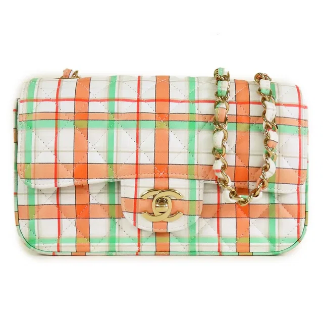 Chanel Single Flap Bag White Orange Green Leather Mini Quilted 20 Plaid Chain in White Leather from The Reluxe