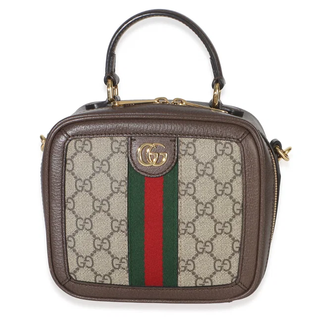 Gucci Beige Ebony GG Supreme Canvas Web Ophidia Mini Top Handle Shoulder Bag in Beige Canvas from myGemma