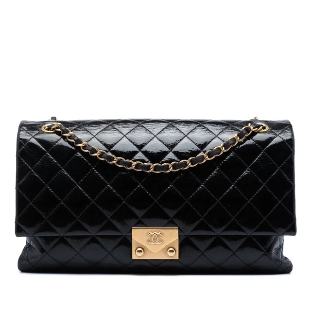 Black Chanel Quilted Crinkled Patent Pagoda Accordion Flap Shoulder Bag in Black Patent leather from Designer Revival