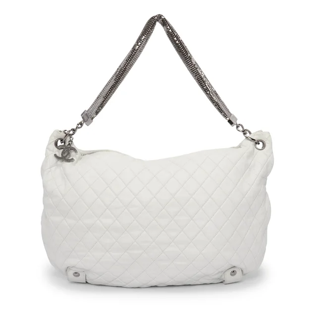 Chanel Quilted Lambskin Large Chain Mail Hobo Bag in White Lambskin from Blue Spinach
