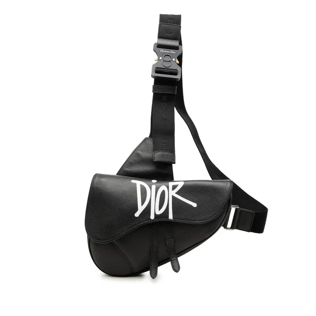Black Dior Shawn Stussy Grained Calfskin Saddle Bag in Black Caviar leather from Designer Revival